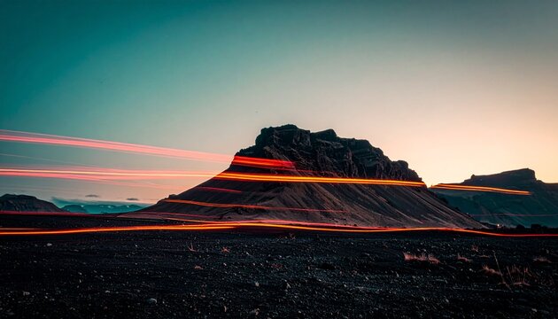 Mesmerizing light trails illuminate a rugged mountain landscape under a twilight sky, capturing the essence of motion and time