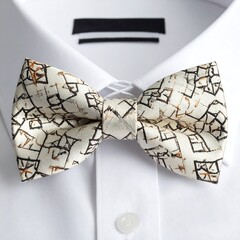 Formal attire A textured, geometrically patterned bow tie sits centered on a crisp white collared shirt