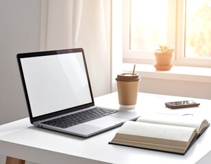 Fototapeta premium A laptop, a book, and a coffee cup are arranged on a desk near a window with sunlight streaming in.