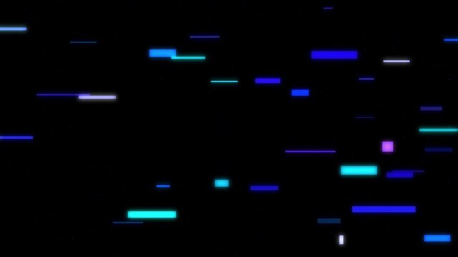 Abstract digital data stream with glowing blue and purple glitching lines flowing across a dark background
