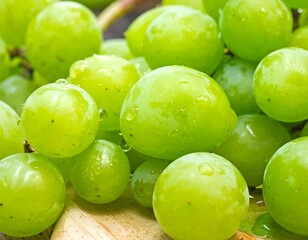 Green grapes tightly packed, glistening with droplets of water on a light surface