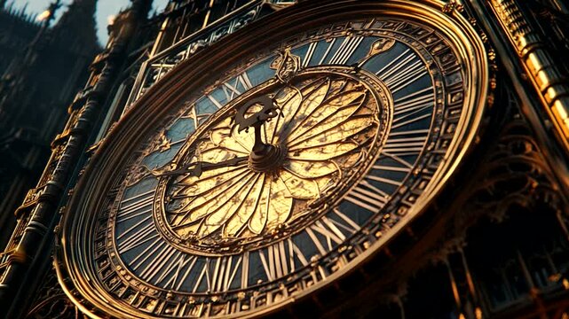 Close up of an ornate antique clock face with Roman numerals and intricate details.