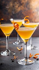 Four orange cocktails in martini glasses on a gray surface against a textured orange backdrop
