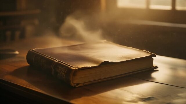 Worn leather bound photo album resting ajar on polished antique wooden desk bathed in warm light