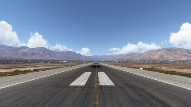 Airplane landing runway desert mountains sunny day