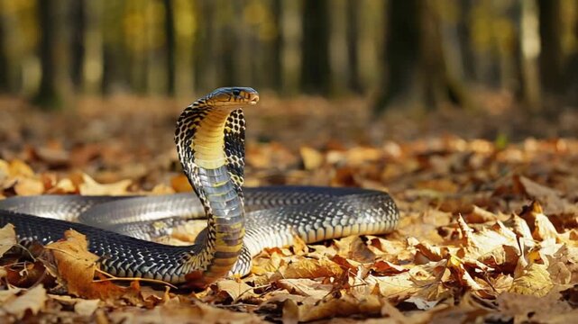 Venomous cobra snake poised in autumn leaves, ready to strike