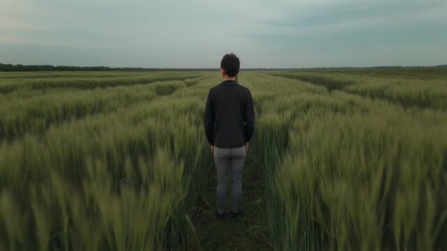 Young man stands alone in a vast wheat field, back to camera, along a narrow path at dusk