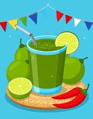 Green juice surrounded by limes and peppers, on straw mat with flags, against a blue background