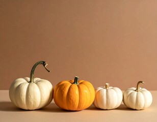 Four pumpkins of varying sizes, colors, and stem shapes line a tan surface against a muted brown backdrop