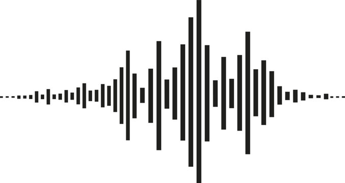 Symmetrical black audio waveform icon with vertical bars, representing sound wave, music signal, audio amplitude, and voice dynamics