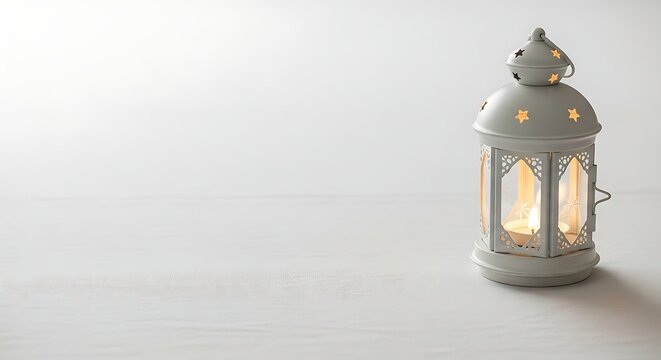 Minimalist Light Gray Ramadan Lantern with Candle Light on White Background Copy Space
