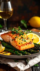 Grilled salmon fillet with asparagus and lemon slices, beside a wine glass, on a rustic wooden table