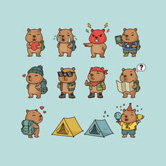 Cute Cartoon Capybara Characters Collection for Travel and Emotions Bundle