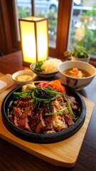Grilled meat over rice on a wood tray, with sides, near a window. Warm, inviting aesthetic