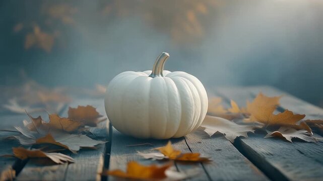 White pumpkin resting on weathered wooden surface with autumn leaves and soft misty backdrop