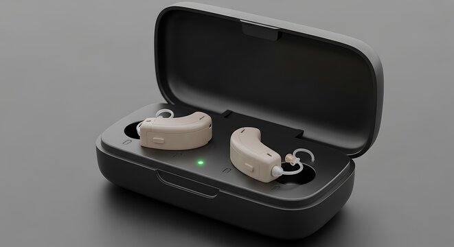 Beige Hearing Aids in Open Charging Case with Green Indicator Light assistive device audiology