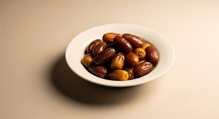 Obraz premium Fresh Organic Medjool and Deglet Noor Dates Pitted in a Simple White Bowl