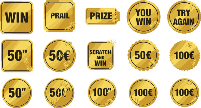 Collection of golden ticket and scratch cards with win and prize labels on a grid layout