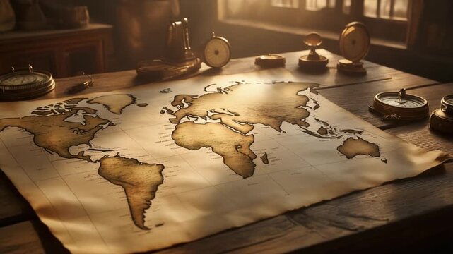 Weathered world map on rustic wooden table bathed in warm light with vintage timepieces and artifacts