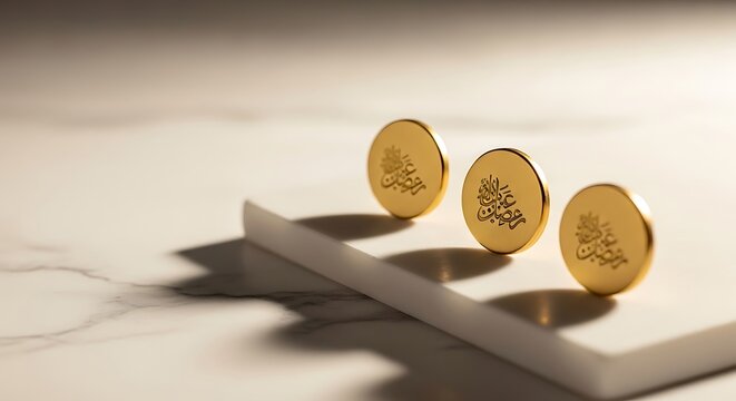Three Golden Ottoman Tughra Cufflinks Displayed on Marble with Dramatic Lighting