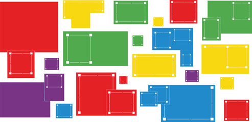 Vibrant geometric shapes arranged in a colorful composition on a clean background viewed from directly above