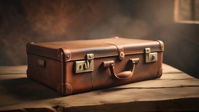 Antique weathered leather travel suitcase resting on rustic wooden table with aged hardware and rich patina