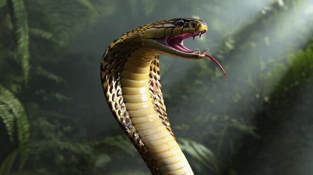 Venomous snake in jungle with open mouth and sharp fangs