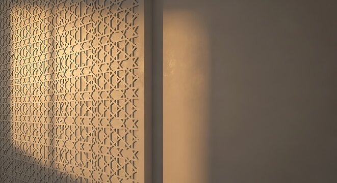 Intricate Islamic Geometric Pattern Wall Panel Illuminated by Warm Sunset Light