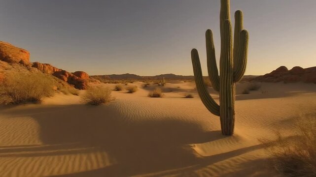 Desert landscape with tall cactus under a cloudless arizona sky at golden hour