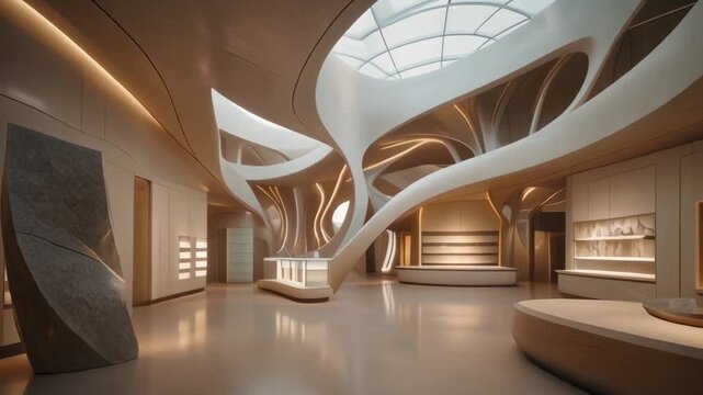 Expansive futuristic gallery interior with flowing white architectural forms and soft skylight illumination