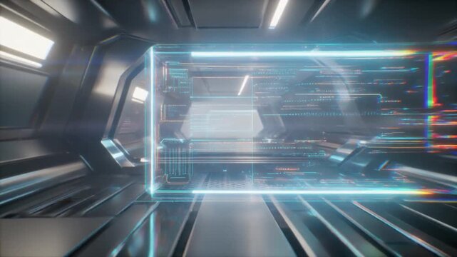 Futuristic chamber with soft diffused lighting revealing smooth metallic surfaces and angular architecture