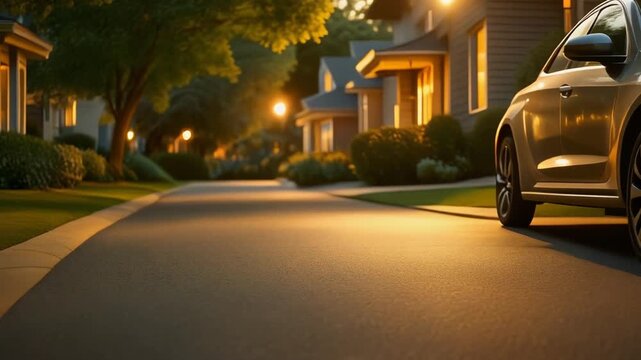 Quiet suburban street at golden hour with warm glow on smooth asphalt and parked car