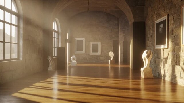 Quiet sunlit gallery with warm golden beams illuminating sculptural forms on polished wood floor
