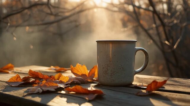 Weathered ceramic travel mug rests on rustic wooden table amid falling autumn leaves
