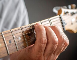 Hand pressing strings on guitar fretboard, close up. Part of body, music instrument, musical performance