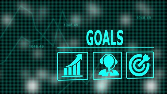 Digital Goals business concept displayed on a computer screen with animated graphs and data.