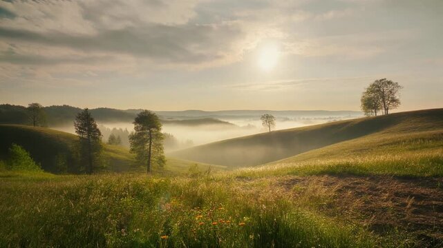 Tranquil sunrise over rolling meadows with trees bathed in soft mist and golden light