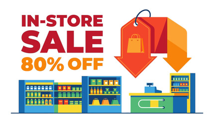 Obraz premium In-Store Sale Event, Grocery Items, Retail Location, Digital Illustration, Shopping Environment, Aerial View, Discount Concept