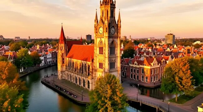Ghent Belfry Sunset Aerial View Historic Tower Belgium Canal Cityscape