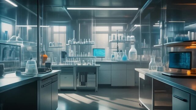 Serene laboratory chamber with diffused light through translucent glass panels and organized workstations