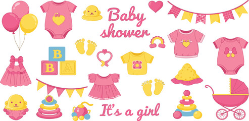 Fototapeta premium Vibrant baby shower celebration illustration featuring baby clothes, gifts, and decorations from a top-down viewpoint