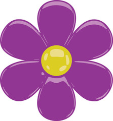 A vibrant purple flower with yellow center, isolated on a plain background, viewed from directly above, showcasing its glossy petals and simple beauty.
