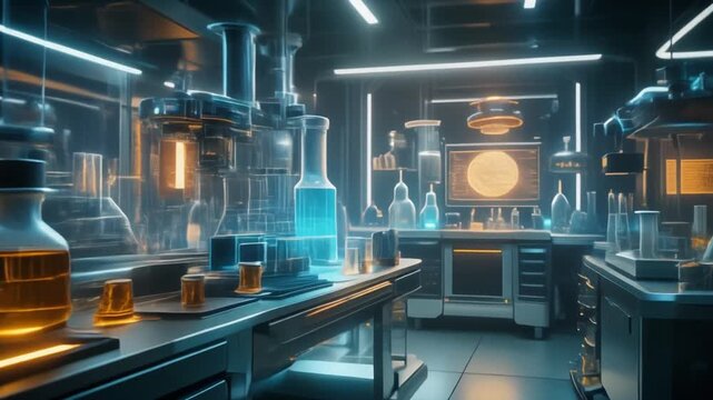 Laboratory firefly: vast glowing chamber with ambient light highlighting glassware and blue liquid reagents
