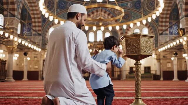 Moving 4K Slow Motion of a Muslim Father Guiding His Son to Make a Donation (Sadaqa/Zakat) Inside an Ornate Mosque