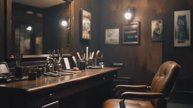 Barber shop corner with warm diffuse glow, polished wood, and classic leather chair