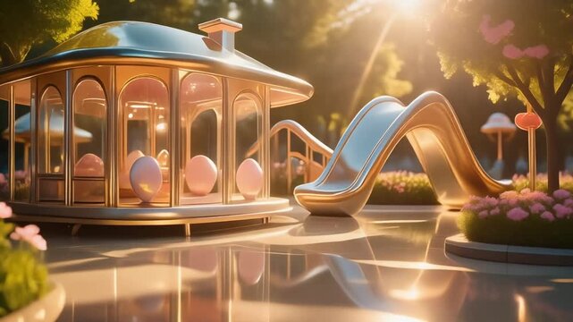 Playground scene with glossy futuristic pavilion and winding slide bathed in warm sunlight