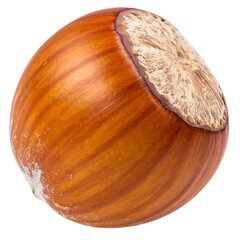 Close-up of a singular hazelnut with smooth brown shell against a white background