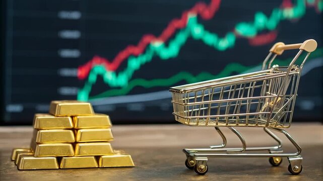 Gold bars and a shopping cart symbolize financial decisions against the background of a stock chart. The image hints at market trends, wealth, and consumer behavior