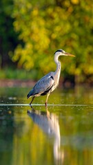 Heron standing in calm water reflecting its figure; leafy trees are blurred in background, bathed in golden light