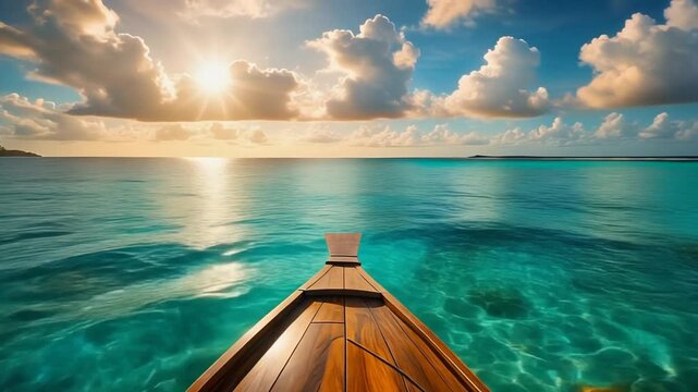 Sunlit wooden boat prow slicing turquoise waters at sunset, tropical sea scene
